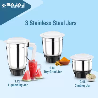 BAJAJ GX 1 500 W Juicer Mixer Grinder (3 Jars, White)