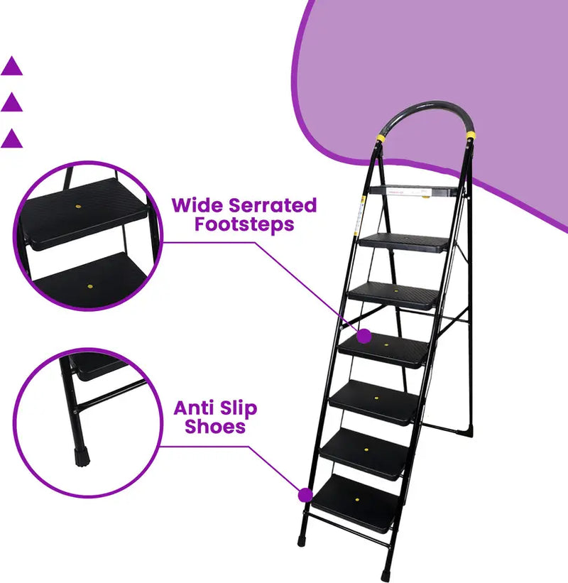 Asian Paints TruCare Home Ladder, Foldable with 7 Slip-Resistant Steps Durable, Heavy Duty, Anti-Skid Steel Ladder | Guard Rail for Safety (7 Steps, B