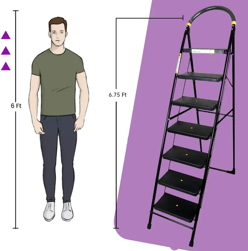 Asian Paints TruCare Home Ladder, Foldable with 7 Slip-Resistant Steps Durable, Heavy Duty, Anti-Skid Steel Ladder | Guard Rail for Safety (7 Steps, B