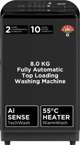 Acer 8 kg Halo Wash Series with AiSense, 5 Star Rating, AutoBalance, HelixFlow Pulsator, Pro-Foam Tub Fully Automatic Top Load Washing Machine with In-built Heater Black, Grey