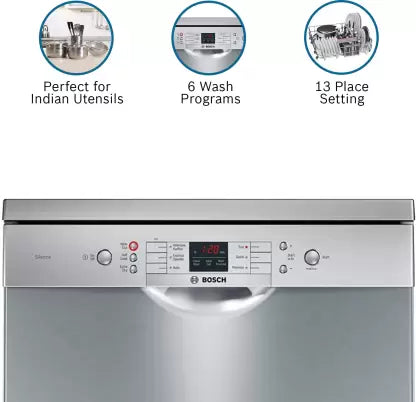 Bosch 13 Place Setting Dishwasher with Intensive Kadhai Program, No Pre-Rinse, 70⁰ Hot water wash, Half Load Option & Extra Cutlery Box - (SMS66GI01I, Silver, Glass Protection Technology)