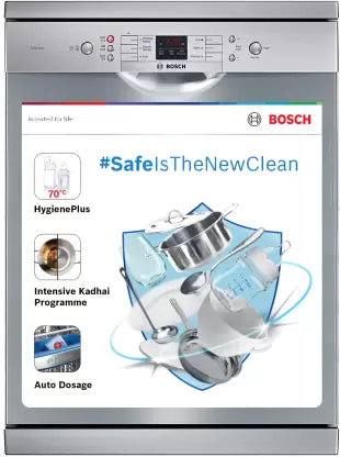 Bosch 13 Place Setting Dishwasher with Intensive Kadhai Program, No Pre-Rinse, 70⁰ Hot water wash, Half Load Option & Extra Cutlery Box - (SMS66GI01I, Silver, Glass Protection Technology)