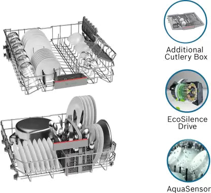 Bosch 13 Place Setting Dishwasher with Intensive Kadhai Program, No Pre-Rinse, 70⁰ Hot water wash, Half Load Option & Extra Cutlery Box - (SMS66GI01I, Silver, Glass Protection Technology)