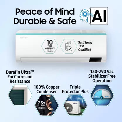 SAMSUNG Convertible 5-in-1 Cooling 2023 Model 1 Ton 3 Star Split Inverter AC with Wi-fi Connect - White (AR12CYLZAGE/AR12CYLZAGENNA/AR12CYLZAGEXNA, Copper Condenser)
