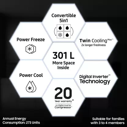 SAMSUNG 301 L Frost Free Double Door 2 Star Convertible Refrigerator with Convertible 5-in-1 , Digital Inverter with Display