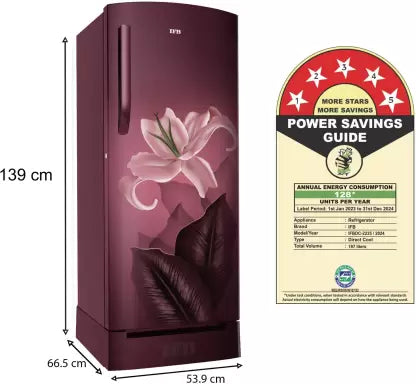 IFB 197L 5 Star Direct-Cool Single Door Refrigerator with Advanced Inverter Compressor (2024, IFBDC-2235DRBED, Midnight Bloom Red) Extraordinary Storage with Humidity Controller with Base Drawer