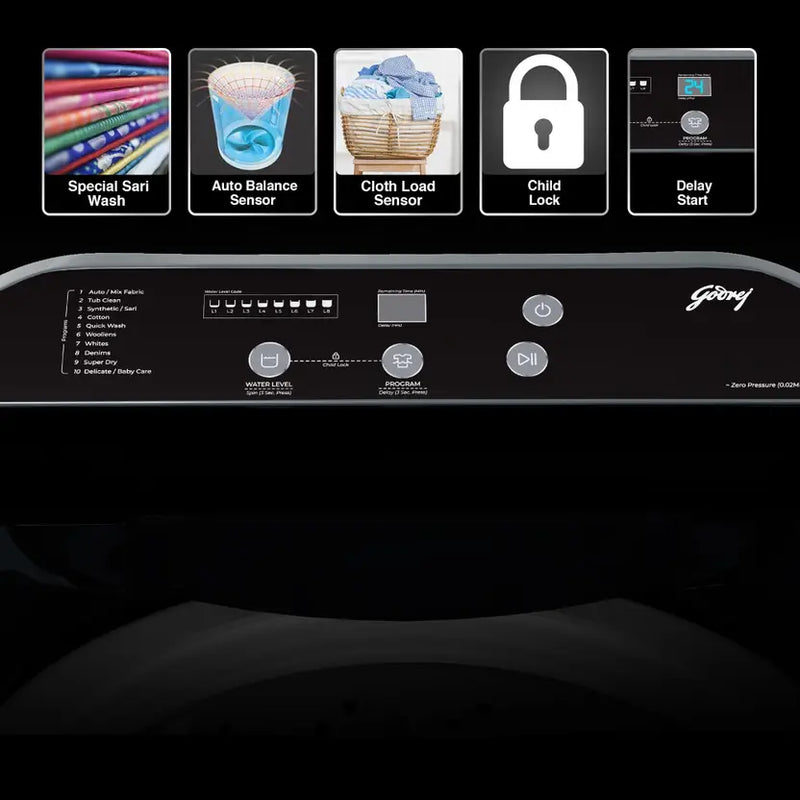 Godrej 8 Kg 5 Star Zero Pressure (0.02 MPa) Technology With Steel Drum Fully-Automatic Top Load Washing Machine (WTEON ADA 80 5.0 FEFN GLGR, Glacial Grey, With Soft Close Lid)