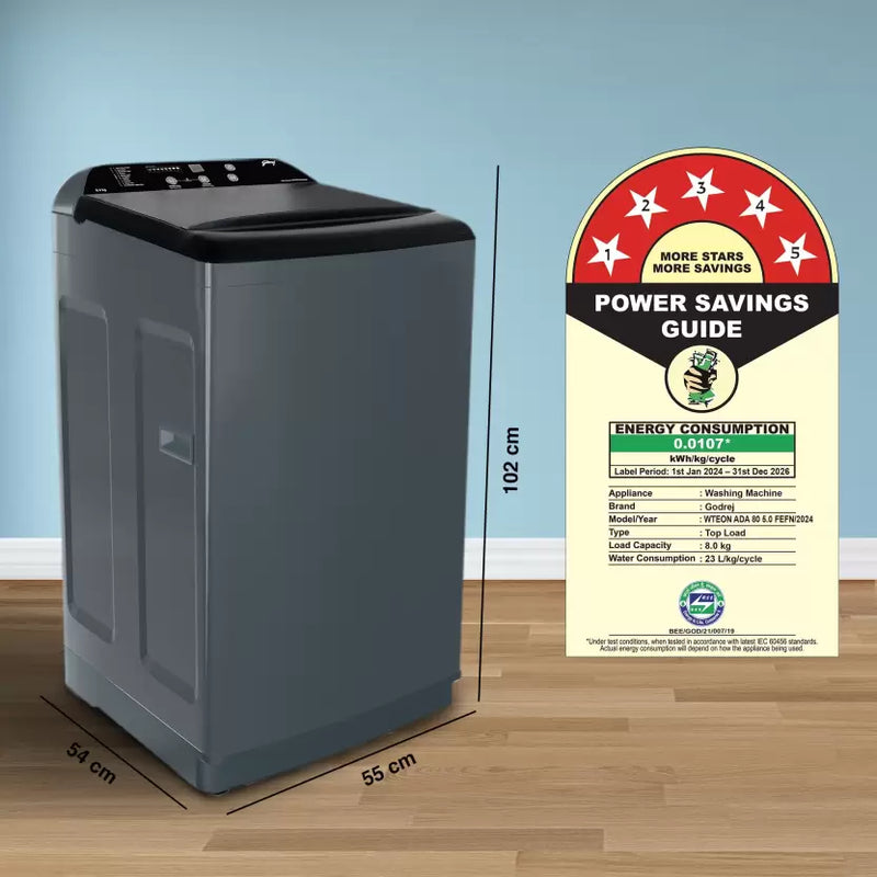 Godrej 8 Kg 5 Star Zero Pressure (0.02 MPa) Technology With Steel Drum Fully-Automatic Top Load Washing Machine (WTEON ADA 80 5.0 FEFN GLGR, Glacial Grey, With Soft Close Lid)