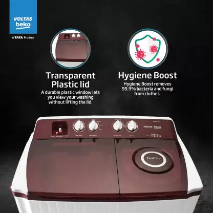 Voltas Beko by A Tata Product 12 kg Semi Automatic Top Load Maroon, White (WTT120ABRT/HB)