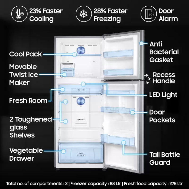 SAMSUNG 363 L Frost Free Double Door 2 Star Refrigerator with Digital Inverter, Convertible 5-in-1 and Display