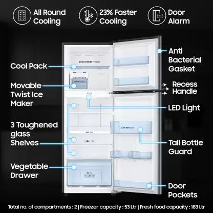 SAMSUNG 236 L Frost Free Double Door 3 Star Convertible Refrigerator with Digital Inverter and Display (Black DOI, RT28C3733B1/HL)