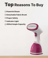 INALSA Garment Steamer for Clothes/fabric, Steam Iron -Vertical & Horizontal Steaming up to 20g/min, Travel Iron, 1200 Watt, 260 ml Water tank & 20 sec Fast Heating,White/Pink (Steamax)