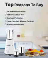 BAJAJ GX 1 500 W Juicer Mixer Grinder (3 Jars, White)