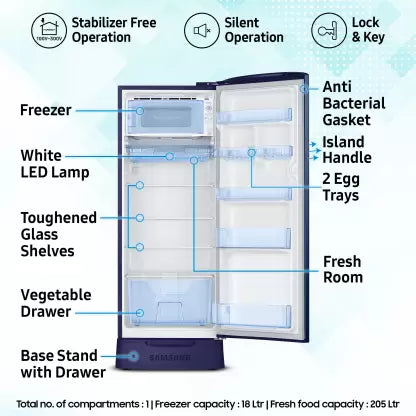 SAMSUNG 223 L Direct Cool Single Door 3 Star Refrigerator with Base Drawer with Digital Inverter (Camellia Blue, RR24D2Z23CU/NL)