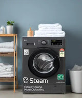 LG 8 kg 5 Star with Steam, Inverter Direct Drive, 6 Motion Direct Drive, Touch Panel and 1400 RPM Fully Automatic Front Load Washing Machine with In-built Heater Black, Grey  (FHM1408BDM)