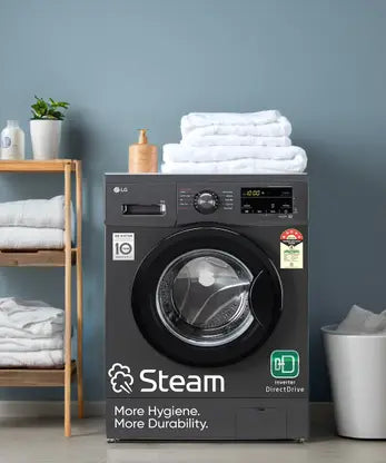 LG 8 kg 5 Star with Steam, Inverter Direct Drive, 6 Motion Direct Drive, Touch Panel and 1400 RPM Fully Automatic Front Load Washing Machine with In-built Heater Black, Grey  (FHM1408BDM)