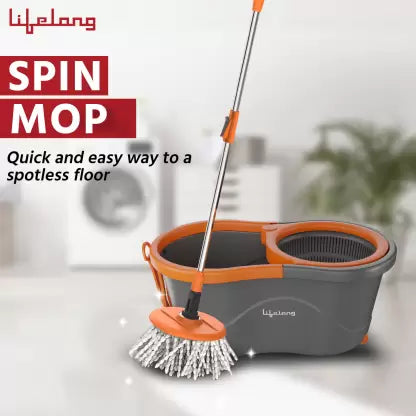 Lifelong Plastic Spin Floor Mop Set With Bucket & 360 Degree Spinner, Microfiber Refills Mop Set