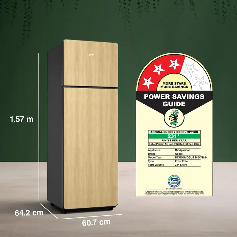 Godrej 244 L Frost Free Double Door 3 Star Refrigerator (Oak Wood, Black, RT EONVOGUE 280C RI OK WD)