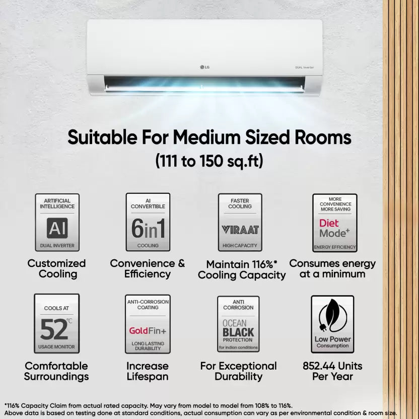 LG 2025 Mode AI Convertible 6-in-1 1.5 Ton 3 Star Split AI Dual Inverter with Faster Cooling and Energy Saving, VIRAAT Mode and Diet Mode Plus AC - White(US-Q18JNXE, Copper Condenser)