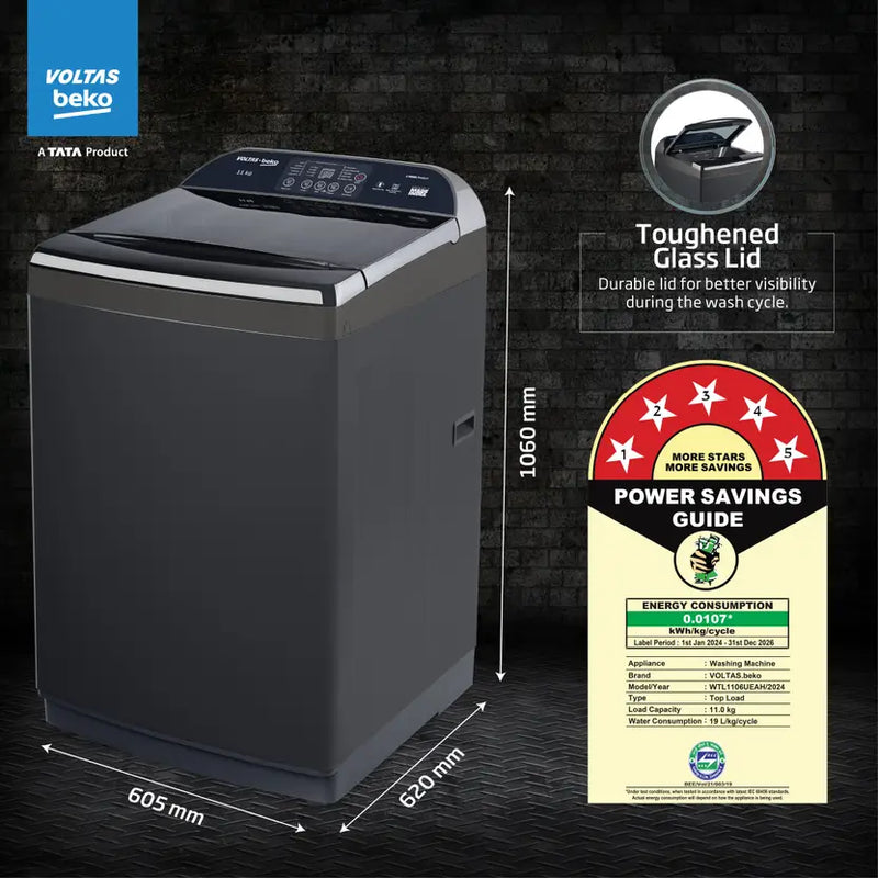 Voltas Beko, A Tata Product 11 Kg 5 Star Fully-Automatic Top Loading Washing Machine (WTL1106UEAH / OBS3060, Dark Grey, Inbuilt Heater)