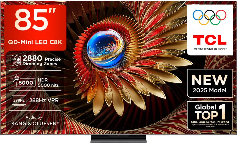 TCL 85C8K Television 85 Inch Smart TV 4K QD-Mini LED Colorful Quantum Crystal HDR 5000nits Gaming Google TV, 144Hz Native Refresh Rate, Audio by Bang & Olufsen, IMAX Enhanced, Game Master (2025 Model)