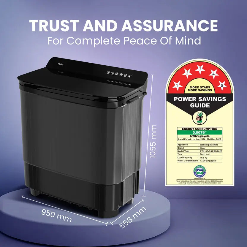 Haier 14 Kg 5 Star Semi Automatic Top Load Washing Machine with Toughened Glass and Soft Fall Technology (HTW140-178BK, Anti Bacterial Vortex Pulsator, Magic Filter, Anti Rat Mesh, Castors, Black)