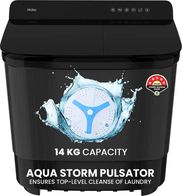Haier 14 Kg 5 Star Semi Automatic Top Load Washing Machine with Toughened Glass and Soft Fall Technology (HTW140-178BK, Anti Bacterial Vortex Pulsator, Magic Filter, Anti Rat Mesh, Castors, Black)