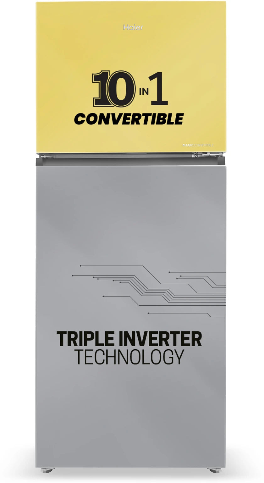 Haier 328 L, 3 Star, Convertible 10-in-1, Triple Inverter & Fan Motor Technology, Frost Free Double Door Refrigerator (HRF-3783YGG-P, Yellow Grey Glass)