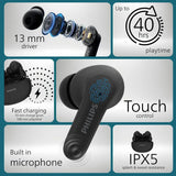 PHILIPS TAT1269BK In-Ear Earbuds, 13mm Drivers, 40H, IPX5, BT 5.4, Touch/Voice Controls Bluetooth