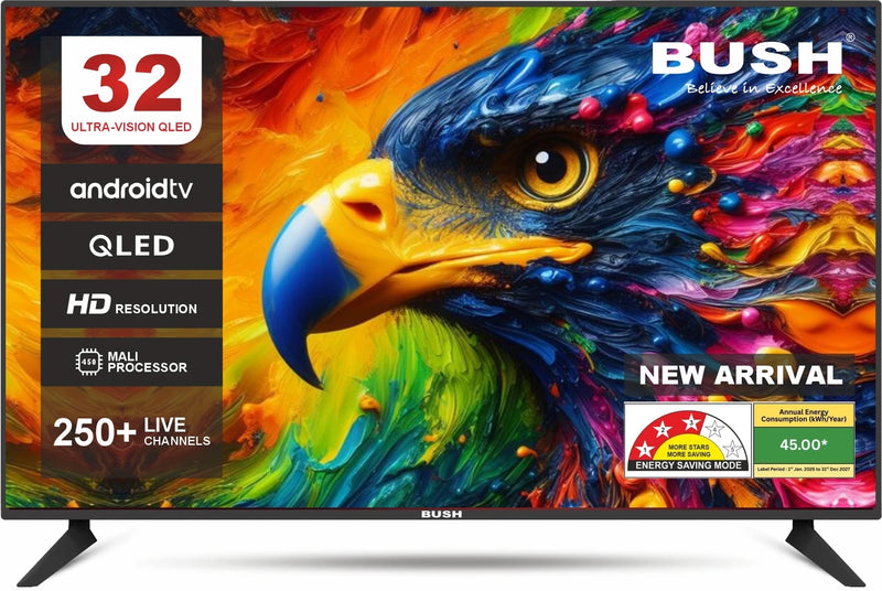 Bush QLED 80 cm (32 inch) QLED HD Ready Smart Android Based TV 2025 Edition with Remote Control Bezeless design, Free to Air channel movie box, Sound bar (QLED32) BB3200PRO