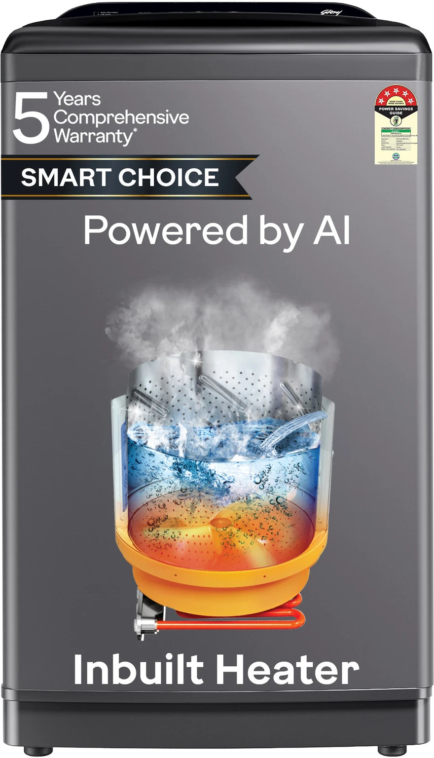 Godrej Smart Choice 10 Kg 5 Star, AI Tech, Inbuilt Heater, Fills Tub at ~0 Water Pressure, Steel Drum Fully Automatic Top Load Washing Machine (WTEON ADA 10 5.0 FEFH GLGR, Glacial Grey)