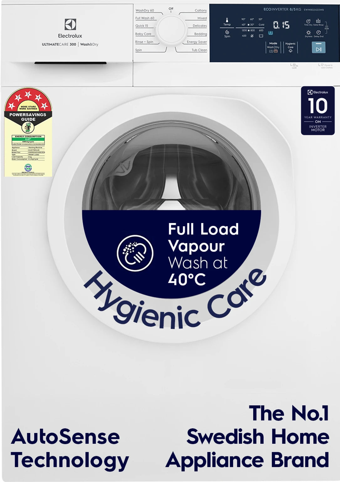 Electrolux 8kg/5kg 5 Star EcoInverter Fully Automatic Front Load Washer Dryer, Scandinavian Design with 40