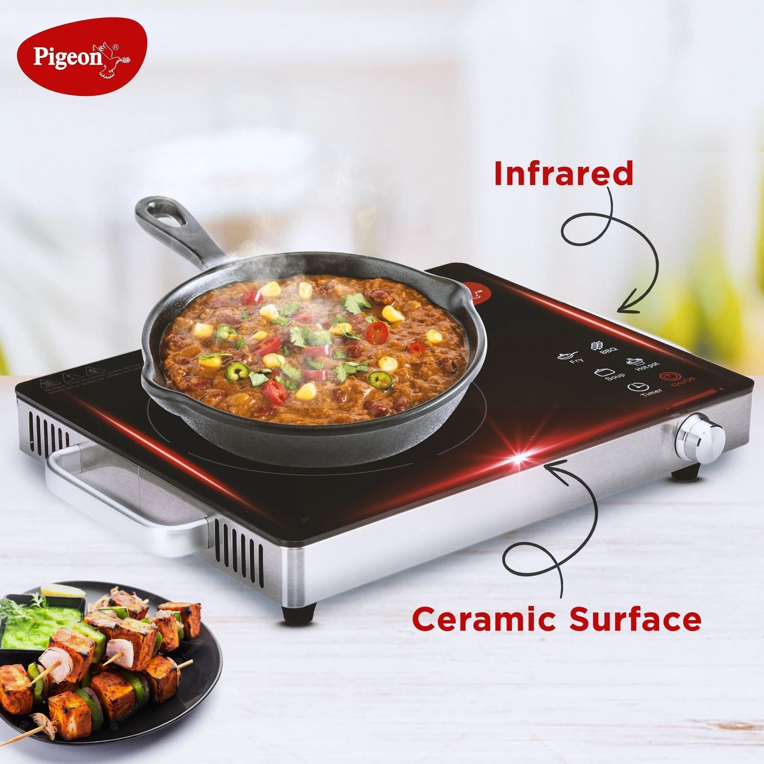 Pigeon Radiant Infrared Cooktop 2200 Watt, Compatable for all cooking utensils, Black, Touch Panel
