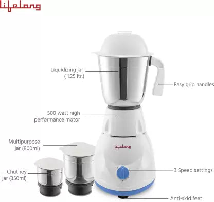 Lifelong LLCMB03 500 W Mixer Grinder (White, 3 Jars) & Non stick Tawa Super Combo