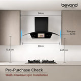 Beyond Appliances Asteria 90cm BLDC Auto Clean Kitchen Chimney | 1408 CMH Suction | Filterless | Curved Glass | Smart Screen & Speakers | Touch Control | Black(BASE-CA90-IF-001)