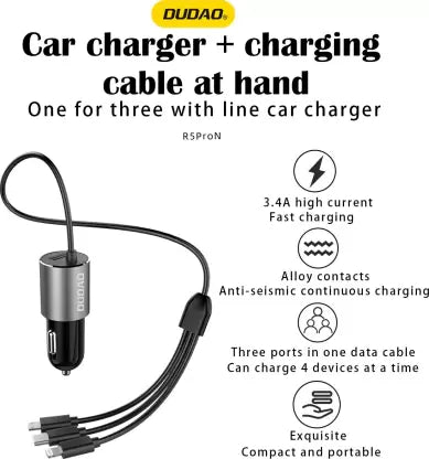 DUDAO 40.8 W Qualcomm 3.0 Turbo Car Charger (Black, With USB Cable)