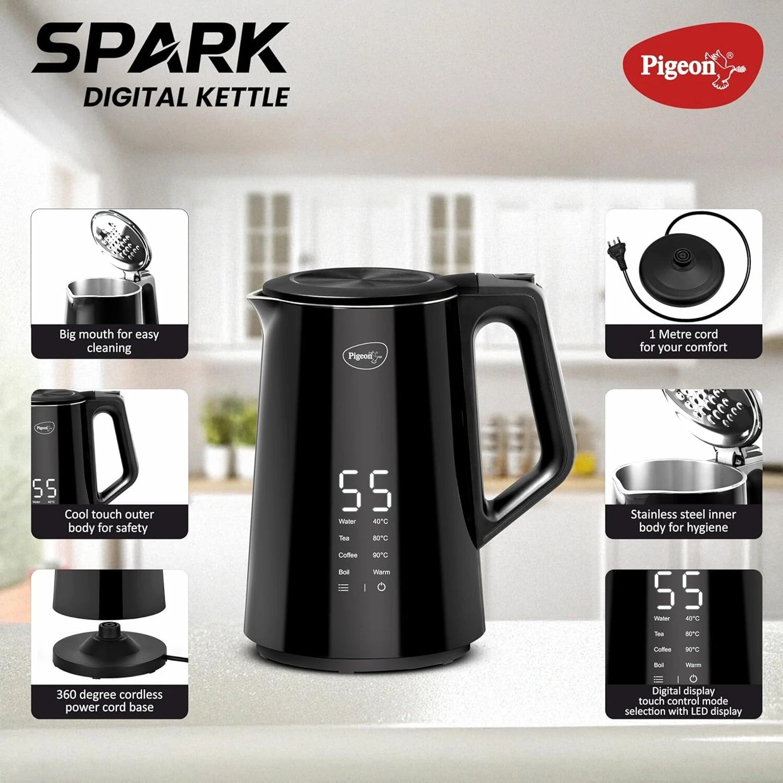 Pigeon Spark Digital 1500W With Stainless Steel Body Electric Kettle (1.5 L, Black)