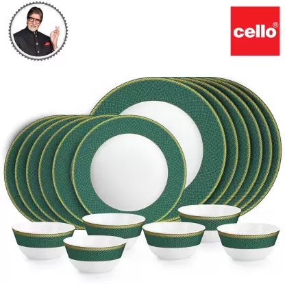 cello Pack of 18 Opalware Solitaire Series Emerald | Extra Strong | Light Weight | Dishwasher Safe | Dinner Set