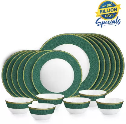 cello Pack of 18 Opalware Solitaire Series Emerald | Extra Strong | Light Weight | Dishwasher Safe | Dinner Set