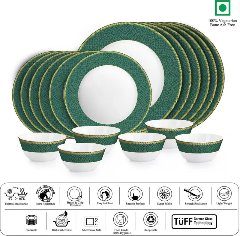 cello Pack of 18 Opalware Solitaire Series Emerald | Extra Strong | Light Weight | Dishwasher Safe | Dinner Set