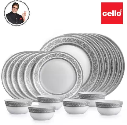 cello Pack of 18 Opalware Solitaire Series Argento | Extra Strong | Light Weight | Dishwasher Safe | Dinner Set