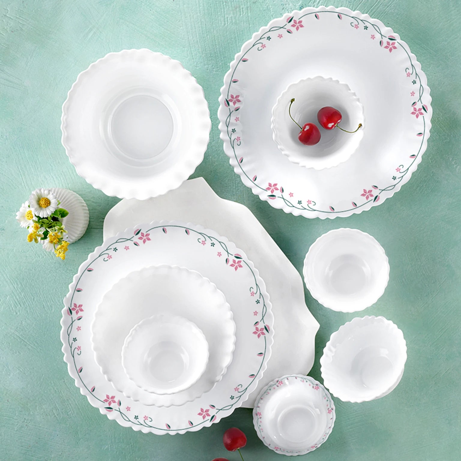 Larah by Borosil Pack of 34 Opalware Garland Galaxy Series Dinner Set (Microwave Safe)