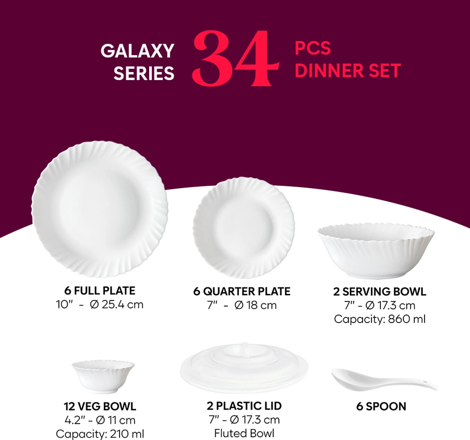 Larah by Borosil Pack of 34 Opalware Garland Galaxy Series Dinner Set (Microwave Safe)