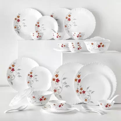 Larah by Borosil Pack of 34 Opalware Galaxy Rosalie Crockey Set for Dining & Gifting, Plate & Bowl Dinner Set
