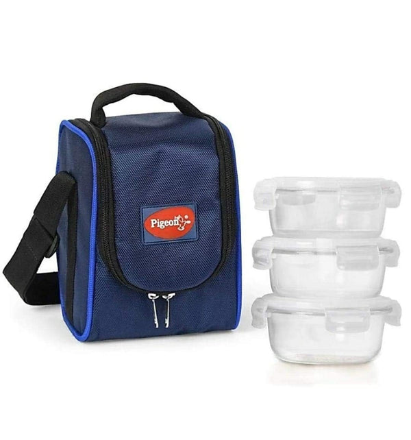 Pigeon by Stovekraft Therma Fresh 3 Piece High Borosilicate Round Glass Lunch Box - Blue