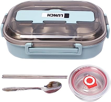 YAGVIZ Stainless Steel Bento Box,4 Compartments Divided Lunch Box, Food Storage Container with Soup Bowl Chopsticks, Spoon , Lunch Box for School Office Outdoor