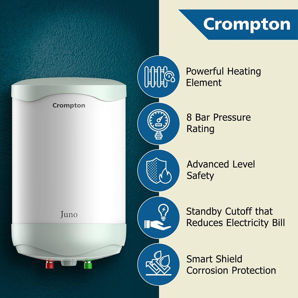Crompton 10 L Storage Water Geyser (Juno 10 Litres, White, Green) –  Neverowned India