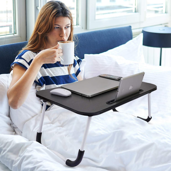 GoRogue Foldable Wooden Mini Laptop Table for Bed, Study Table with Drawer