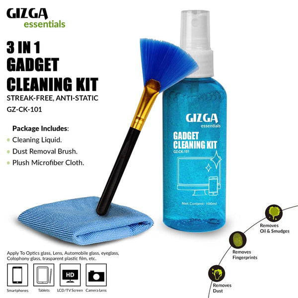 Gizga Essentials Professional 3-in-1 Cleaning Kit for Camera, Lens, Binocular, Laptop, TV, Monitor, Smartphone, Tablet